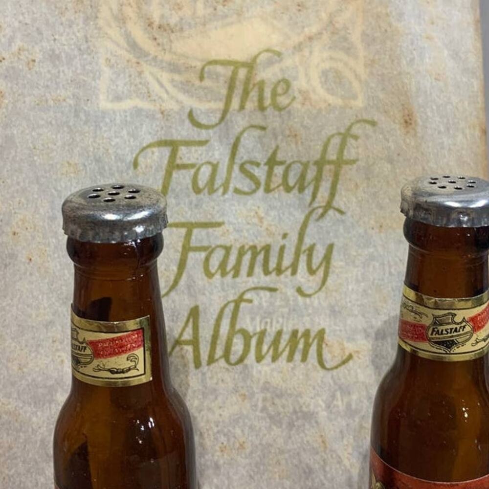 Vintage Falstaff Family Album Booklet Glass Beer Bottle Salt Pepper Shaker Set